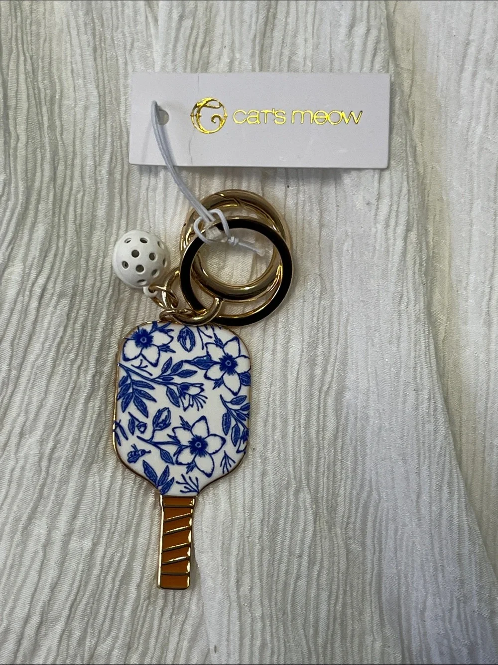 Cats Meow Blue & White Floral Paddle Key & Card Holder with Gold Hardware